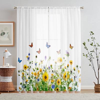 Pachet de 2 bucăți Valanță de fereastră digitală HD cu imprimeu floral și fluturi, Decor de casă în stil, Decorațiune, Living, Dormitor, Perdea cu rejansă