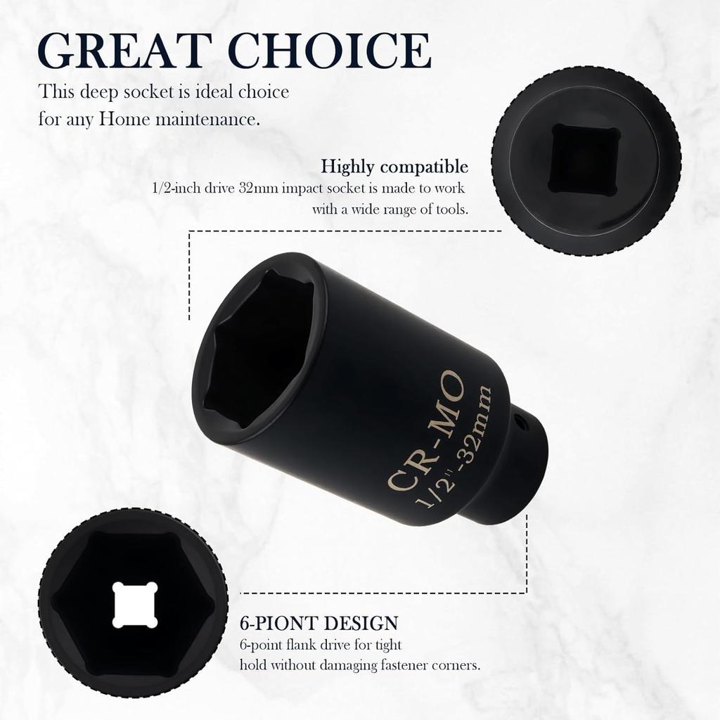 32Mm Socket 1/2 Drive With 6 Point Design,Anti-Rust Axle Nut Sockets Set For Quick Shaft Nut Removal,Professional Deep Impact Socket Set 1/2 Drive