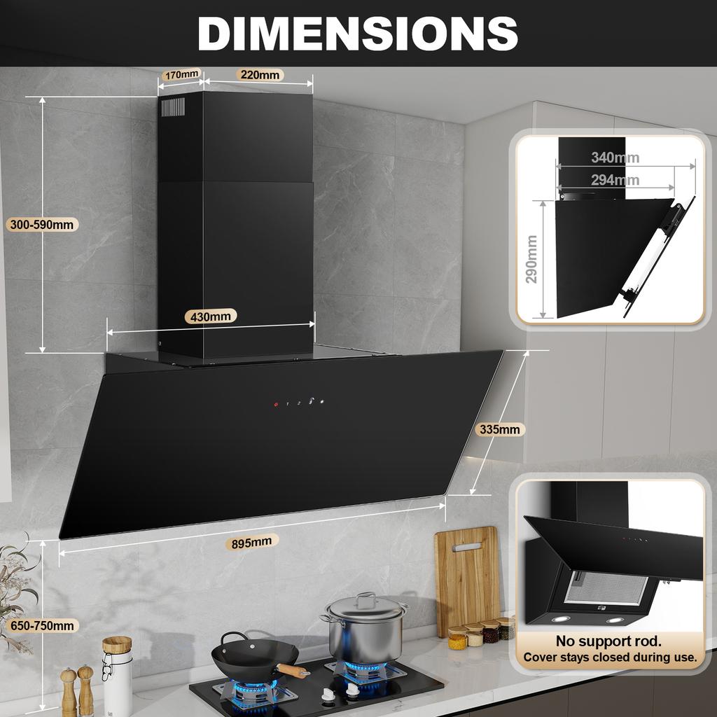 Cooker Hood 90 Cm Extractor Hood Recirculation / Extraction Air with 450 M³/h A+++, Touch Control with Activated Carbon Filter