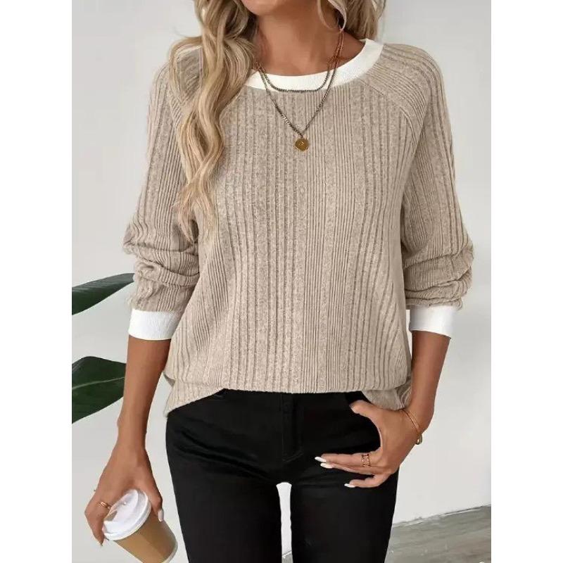Women Color Block Crew Neck Ribbed Knit Sweater Solid Pink Raglan Long Sleeve Casual Top