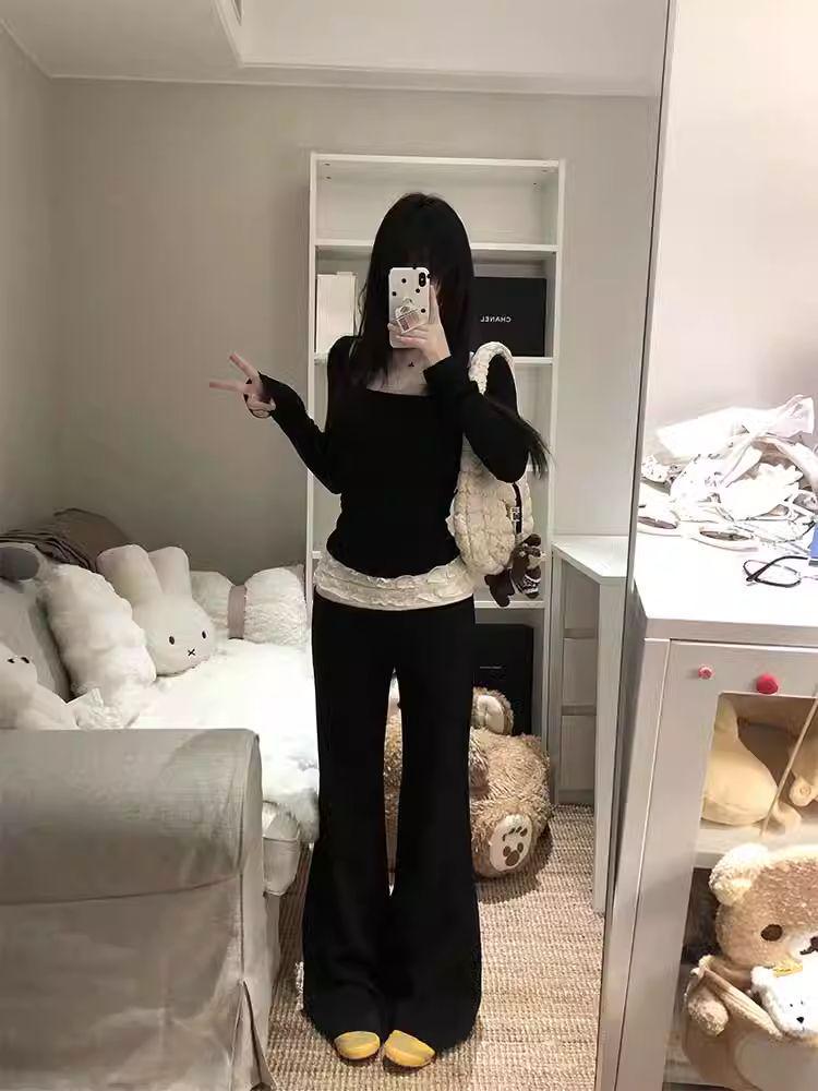 Spring/Summer 2025 Women's Pleated Lace Micro-Flare Ballet Pants - Floor-Length Trousers