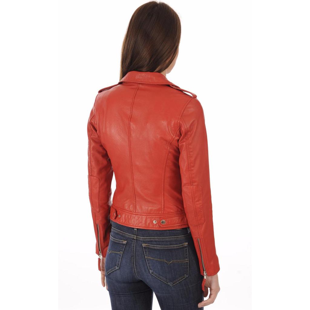 SKINOUTFIT Womens Real Leather Biker Motorcycle Jacket Genuine Lambskin Slim Fit Red Coat