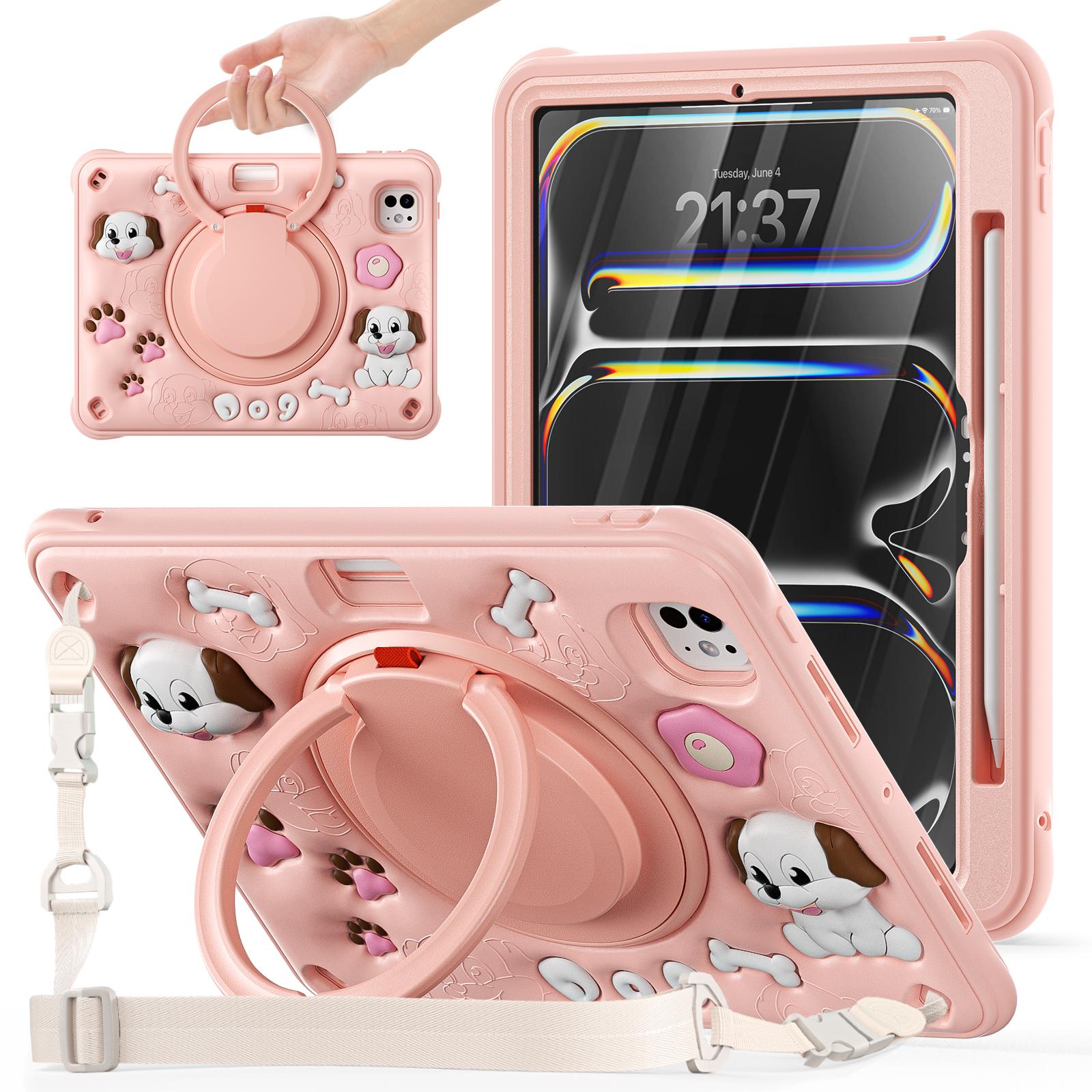 

For iPad Pro 11 (2025)/11 (2024) Case with Shoulder Strap Cute Dog Kickstand PC+Silicone+TPU Tablet Cover A