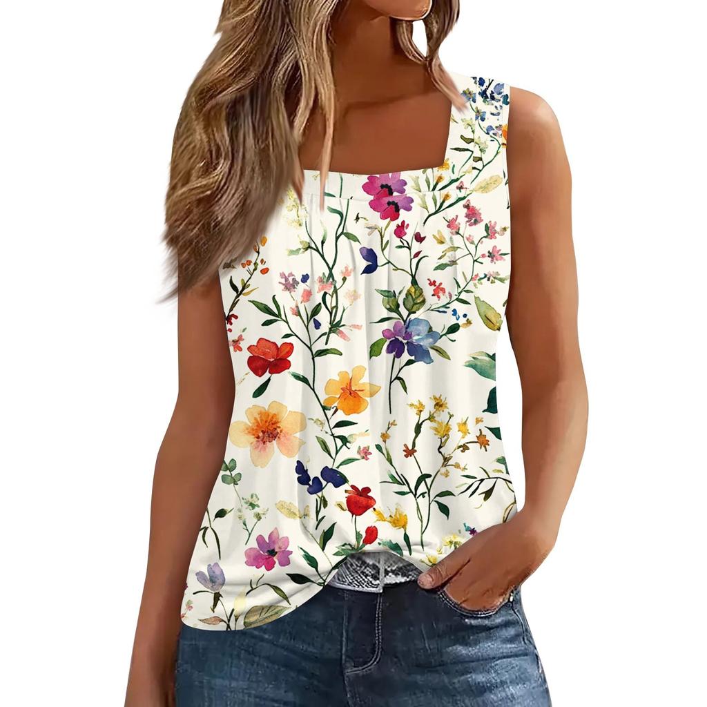 Women's Pleated Square Collar Sleeveless Vest Print T-shirt