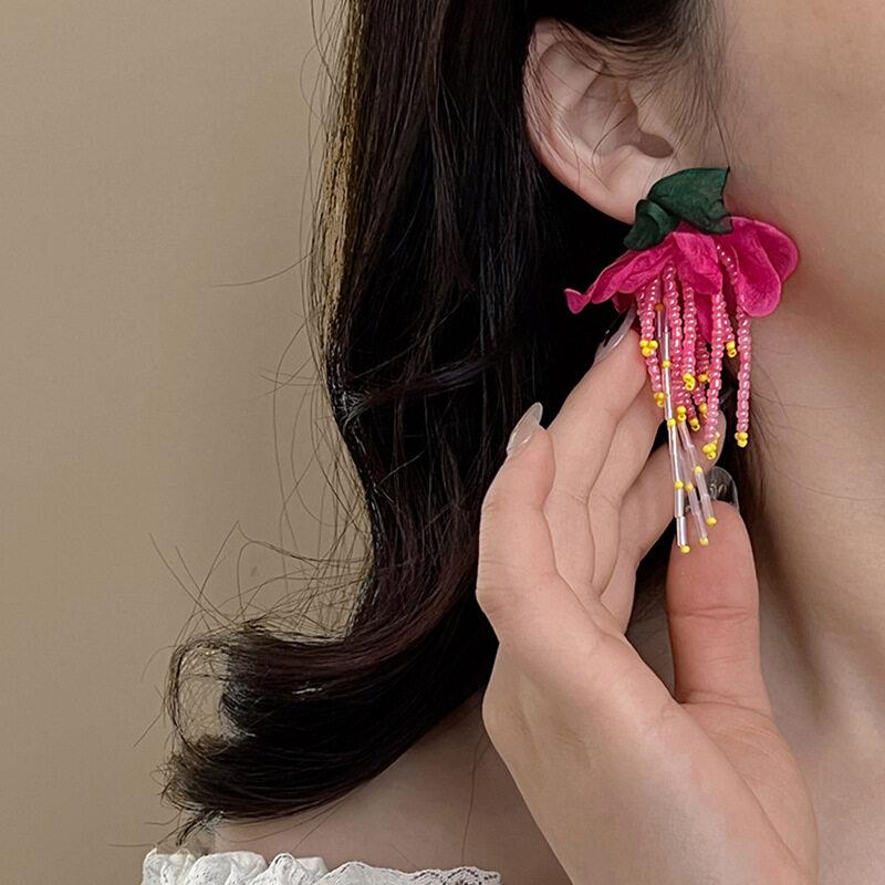 Tuch Blume Quaste Perle Ohrringe Mode Frauen Boho Handgemachte Blume Bunte Perlen Quaste Ohrringe Party Schmuck Geschenke
