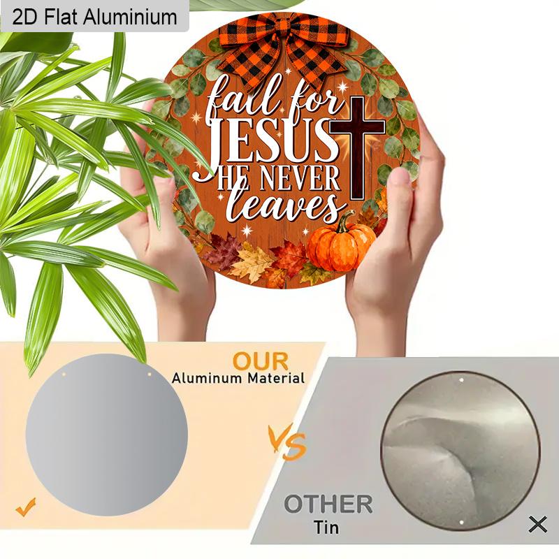 2D Flat Jesus Fall Aluminium Sign with Bow & Cross Pattern - Thanksgiving Figurine Ornaments - Ideal for Front Door, Wall, Porch, Fence Decor - Ideal