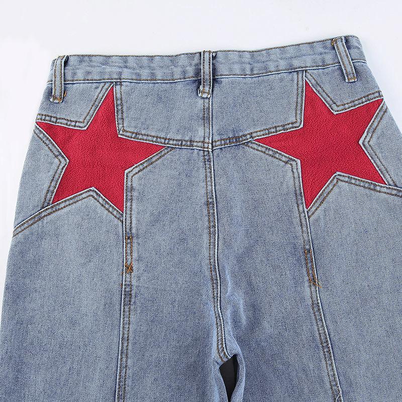 Retro Five Pointed Star Straight Women Jeans European and American Style Design Slim Fit Leg Length All Match Pants
