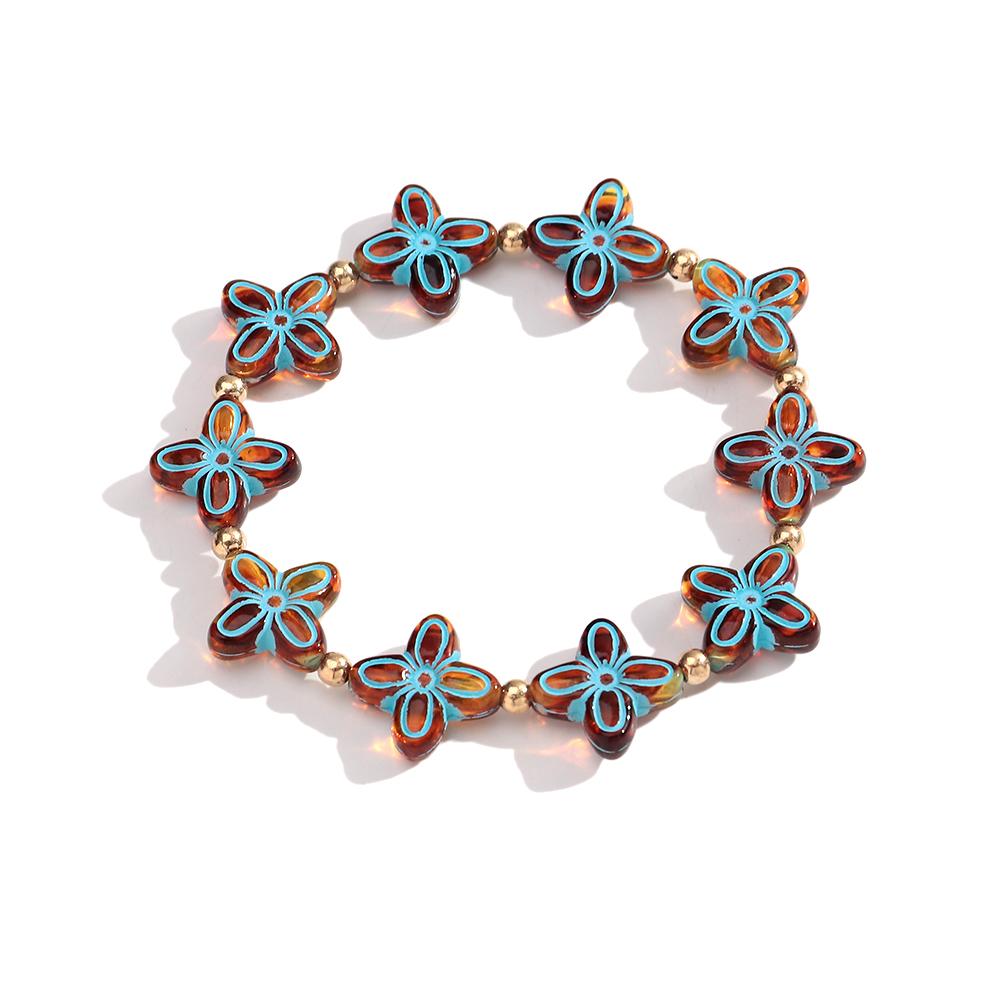 Boho Four Petal Flower Beaded Acrylic Necklace Bracelets for Women New Trendy Amber Resin Daisy Round Choker Retro Jewelry Gift