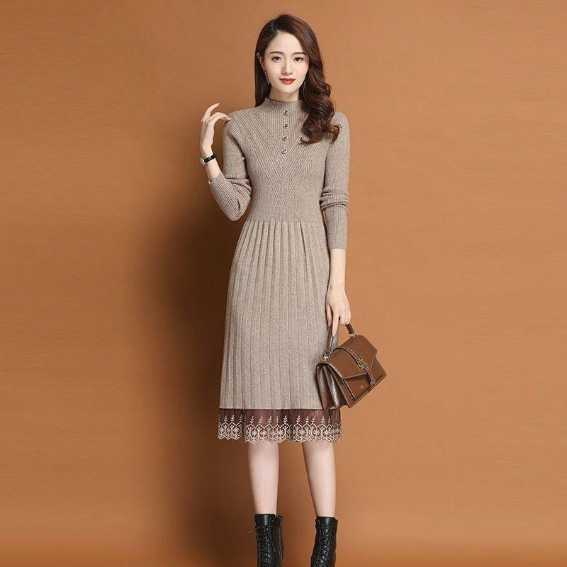 

Вязаное платье для женщин на осень и зиму, длинное до колена, с полувысоким воротником-стойкой, свитер, кружевное платье-свитер L