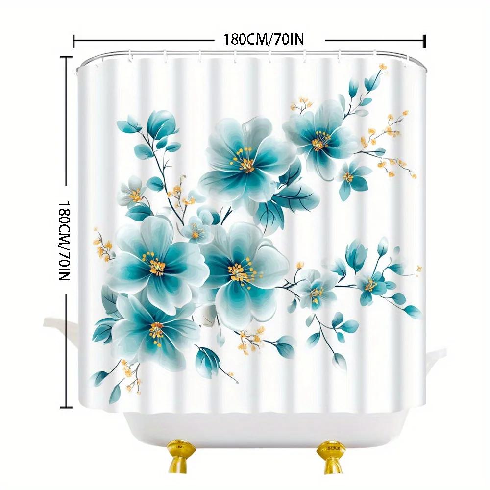 1pc Polyester shower curtain  Blue and teal watercolor floral pattern  With hooks  Machine washable  Stylish bathroom decor