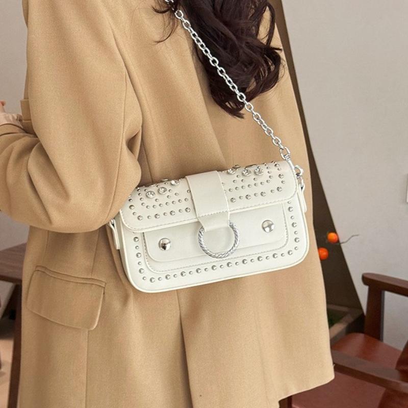 European American Luxury Studded Shoulder Bag Stylish Versatile Metal Chain Crossbody Bag Magnetic Buckle Small Square Bag
