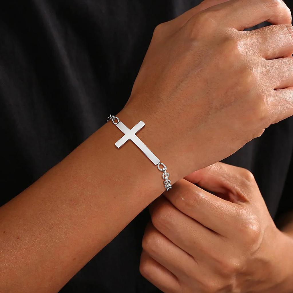 Mens Stainless Steel Cross Rolo Chain Bracelet,Waterproof Never Fade Links Wristband,Religious Christian Jewelry Gifts