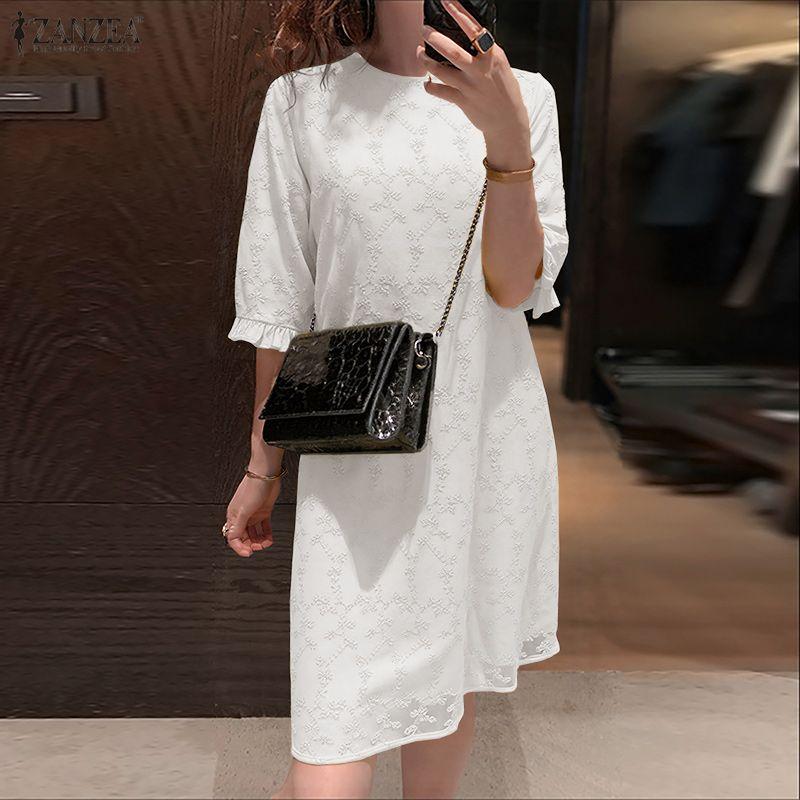 ZANZEA Damen Lässig Rundhals Sommer Halbarm Patchwork Kleid