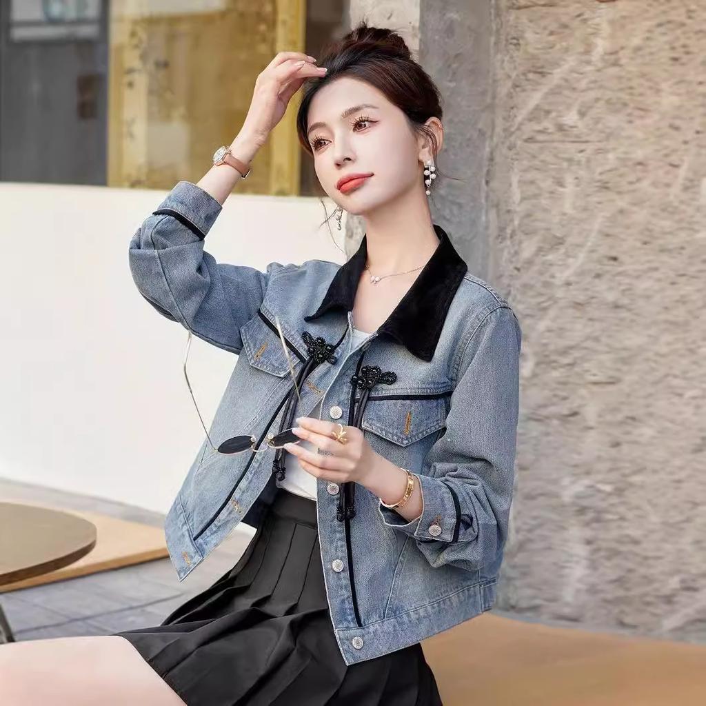 New Chinese Style National Style Buckle Small Fragrant Denim Jacket Women's Spring New Small Fashion Short Jacket
