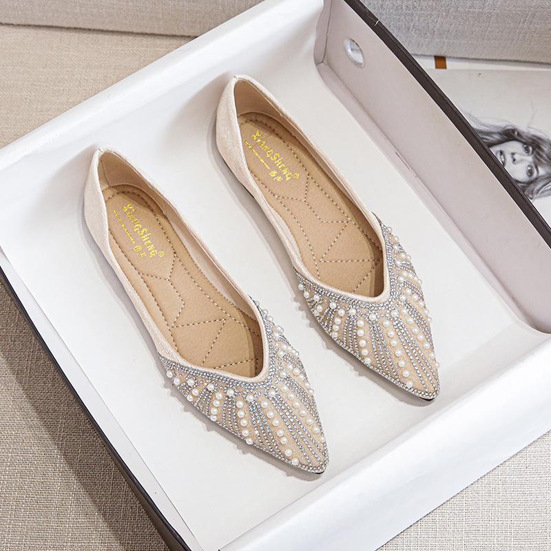 

Одиночная обувь женская новая обувь-лодочки с острым носком, украшенная стразами и жемчугом, удобная мягкая подошва, обувь Doudou 43 абрикосовый