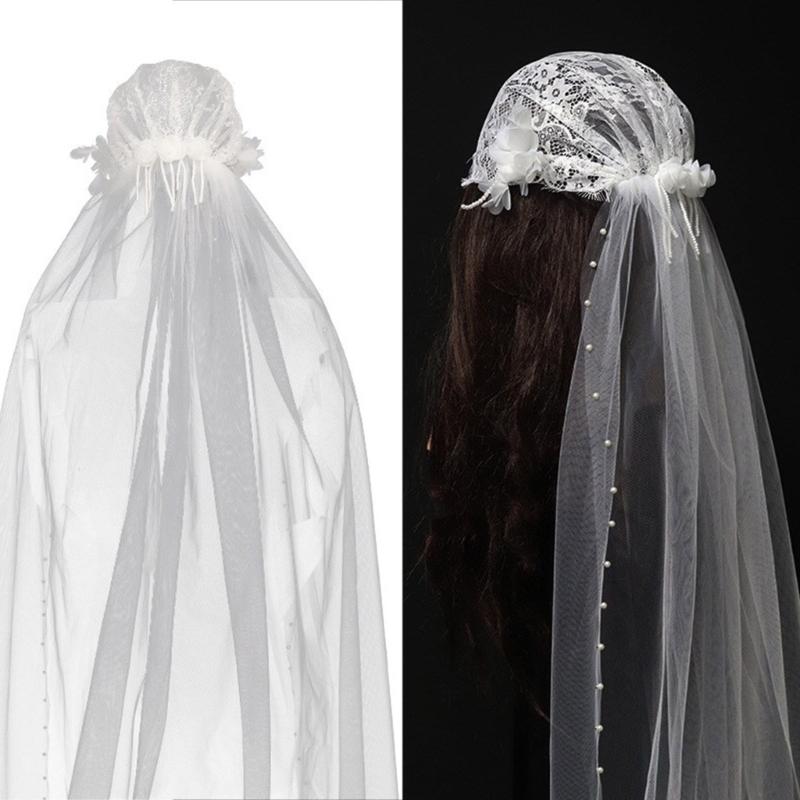 Pearl Beaded Bride Long Veil with Flower Applique Veil Photography Sheer Tulles