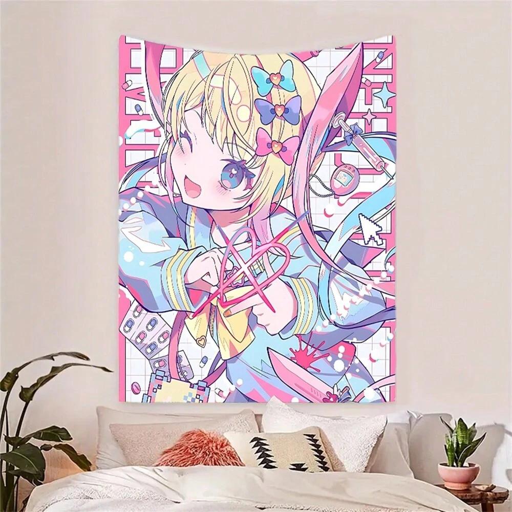 Anime Girl Pink Tapestry Flat Print Cartoon Art Wall Hanging Dome Home Decor for Living Room Bedroom Dorm Perfect Gift