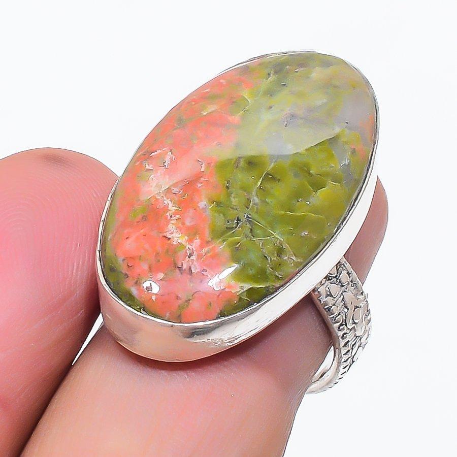 Natural Unakite Gemstone Handmade 925 Sterling Silver Jewelry Ring Size 7 P9h73