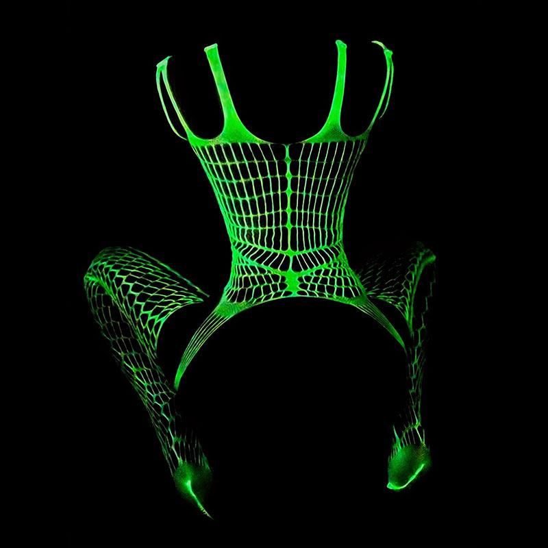 Glow in Dark Fishnet Bodysuit Seamless Lingerie Set Nightclub Outfit Sheer Tights Roleplay Costume Partywear Sexy Women Full Body Shimmer
