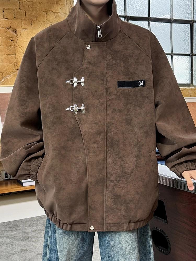 Men's Stand Collar PU Leather Jacket with Metal Buckle - Retro Tie-Dye Style for Spring & Autumn