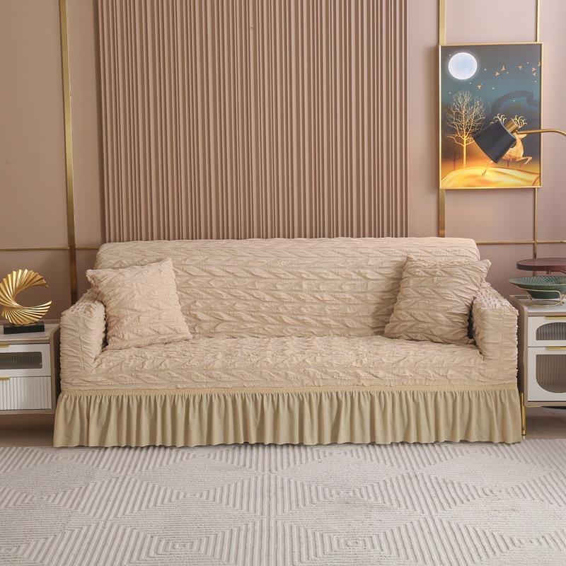 Stretchable Seersucker Sofa Cover Bubble Grid Design Washable Durable Easy Fit with Skirt Furniture Protector for Living Room