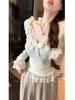 Chic Lace Patchwork Bow Tie Long Sleeve Plush Top for Autumn/Winter