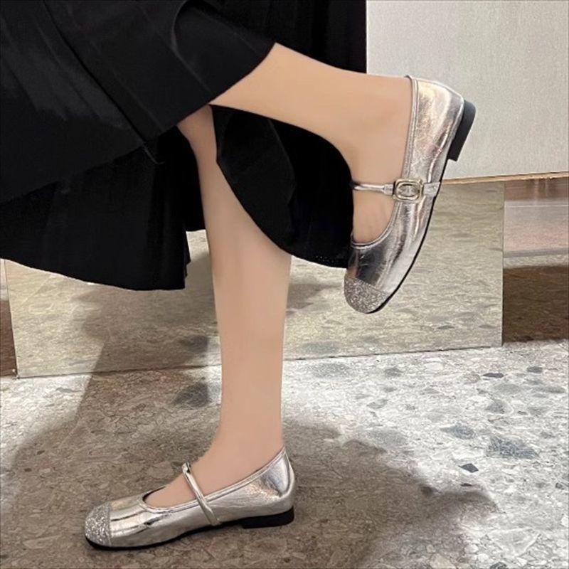 New spring and summer versatile one-word with flat-soled single shoes French silver evening breeze soft-soled shallow mouth Mary Jane shoes 2025 women