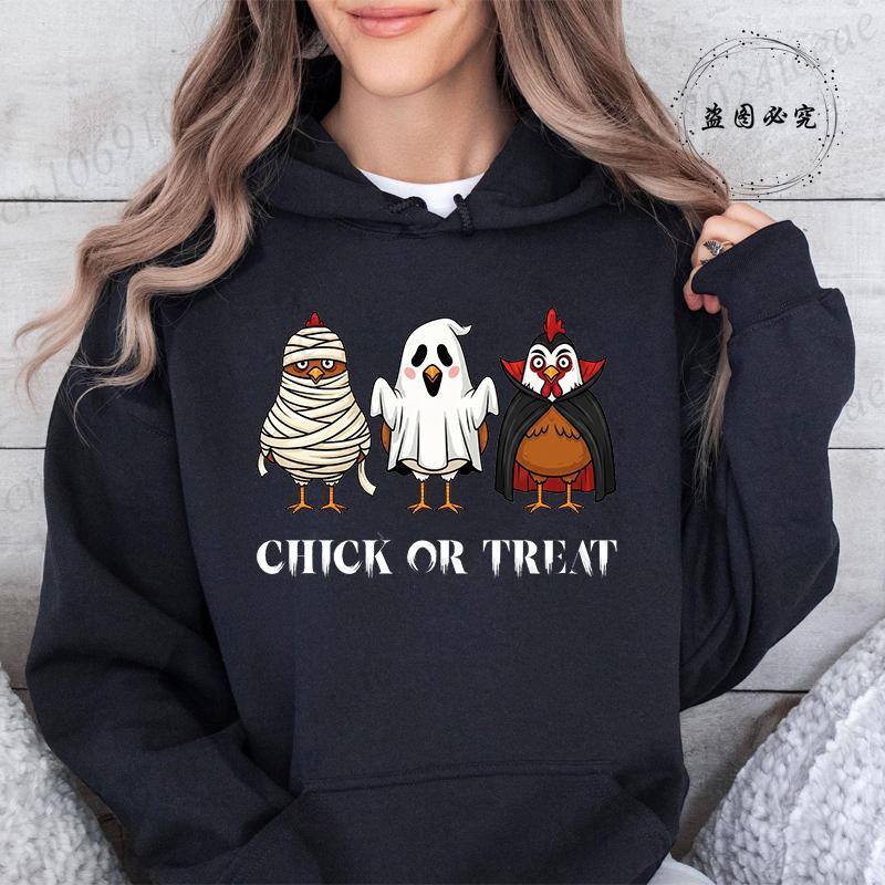 Halloween Chick or Treat Print Women  Hoodie Halloween Funny Chicken Graphic Hoodies Horror Spooky Season Sweatshirt Tops