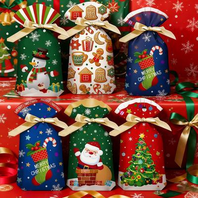 50pcs Merry Christmas Candy Bag Santa Gift Bag Snowflake Drawstring Bag Christmas Decorations for Home New Year Novely Presents