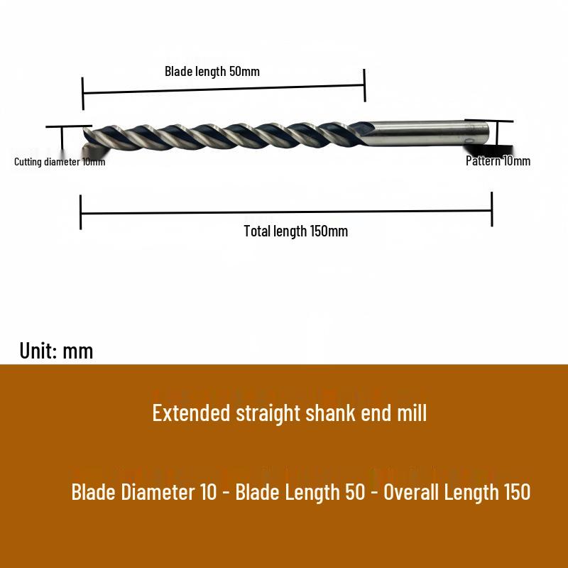 High-Speed Steel Extended Straight Shank Three-Flute End Mill, 2.5-10mm, White Steel