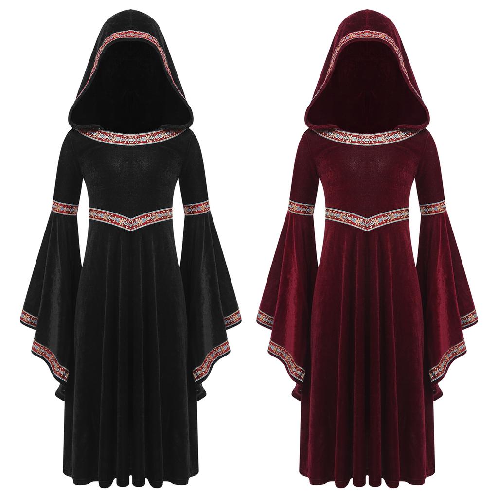 Girls Medieval Princess Costume Halloween Cosplay Hooded Robe Long Trumpet Sleeves Embroidered Trim Velvet Dress