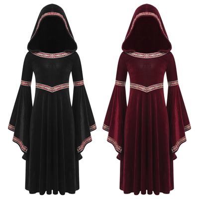 Costume de Princesse Médiévale pour Filles Halloween Cosplay Robe à Capuche Manches Longues Trompette Garniture Brodée Robe en Velours