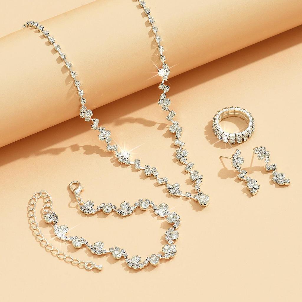Versatile Rhinestone Jewelry Set: Necklace, Bracelet, Earrings & Ring