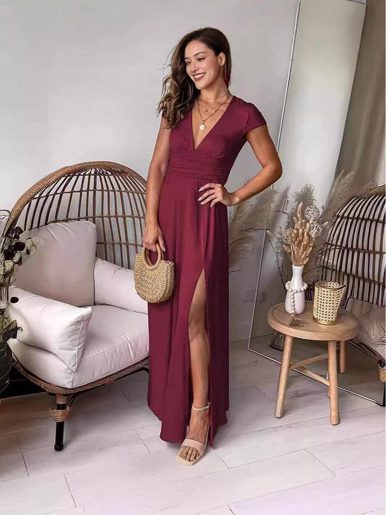 Women's Deep V-neck Pleated High-waisted Slit Evening Gown