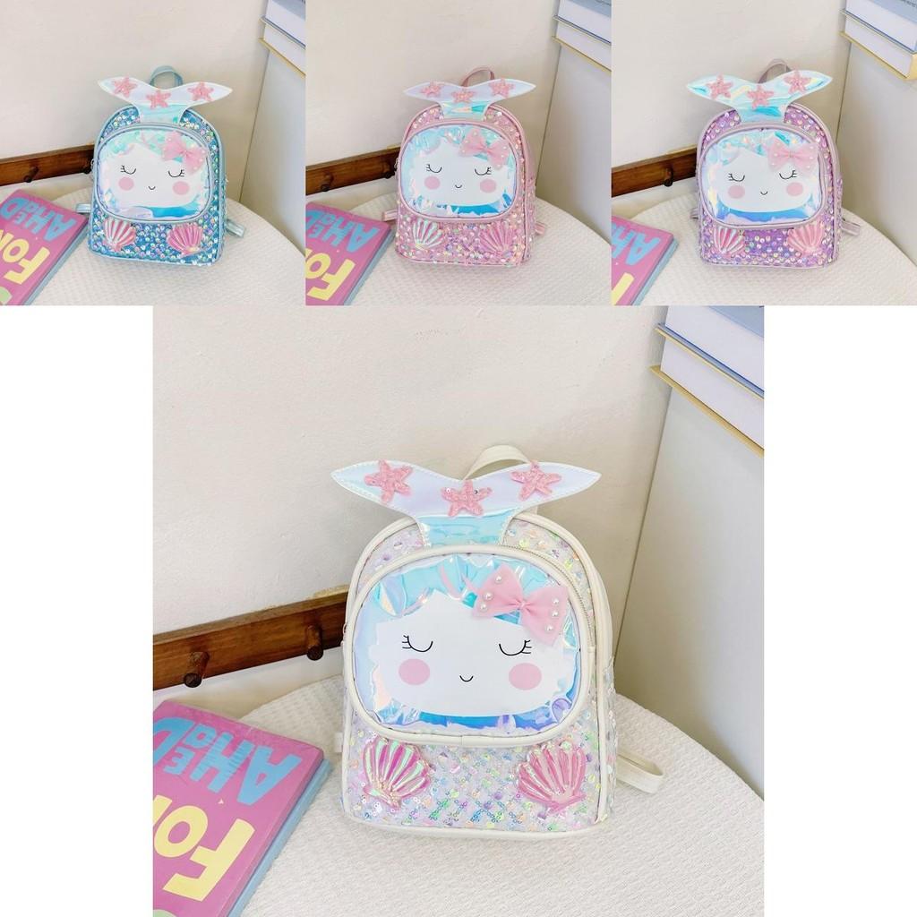 Children Girls Backpack With Shiny Shell Mermaid Tail For Kindergarten School Use