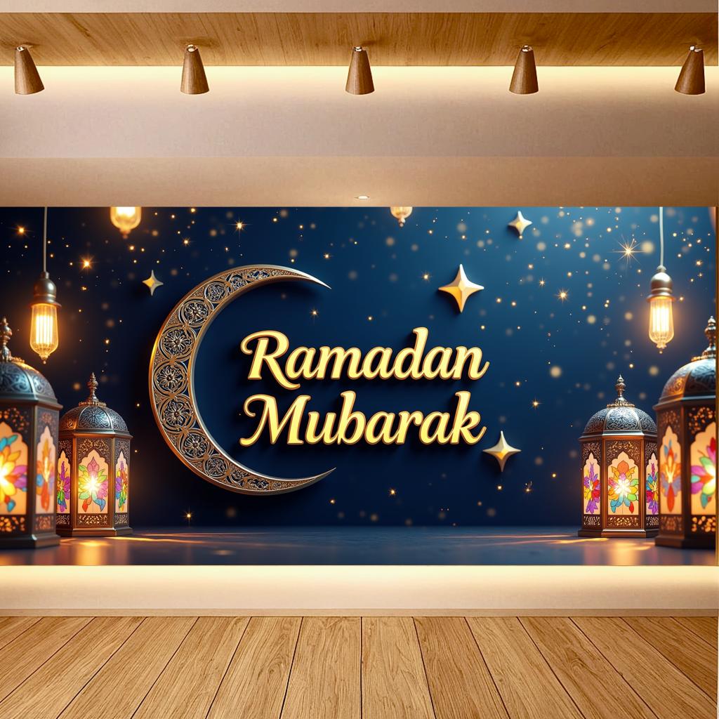 Bannière Ramadan Moubarak Lanterne Festival Islamique Toile de Fond Lune pour Décoration Aïd Accessoires Photo Fournitures de Fête Événement Ramadan