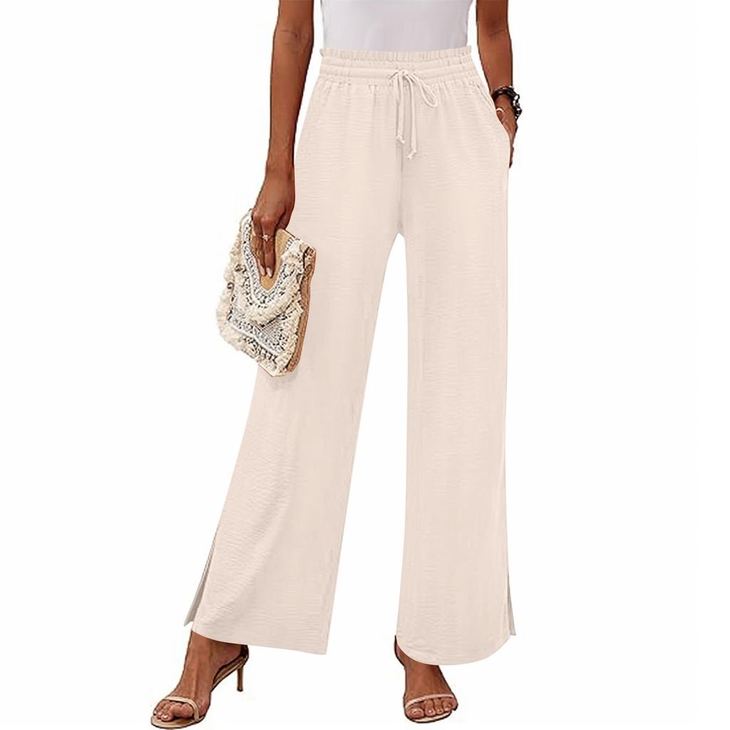 Women's Fashion Loose Wide Leg Pants Slits At The Cuffs Elastic Waist Drawstring Pockets Casual Pants