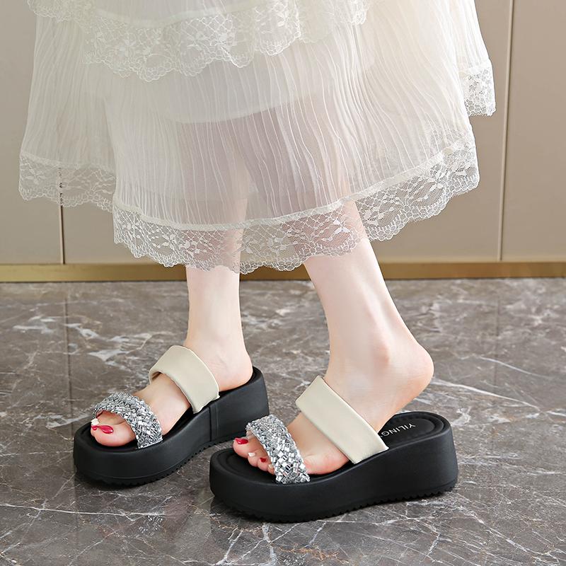 CRLAYDK Womens Rhinestone Strappy Slip On Wedge Sandals Outdoor Summer Leather Slides Soft Beach  Ladies Walking Slippers