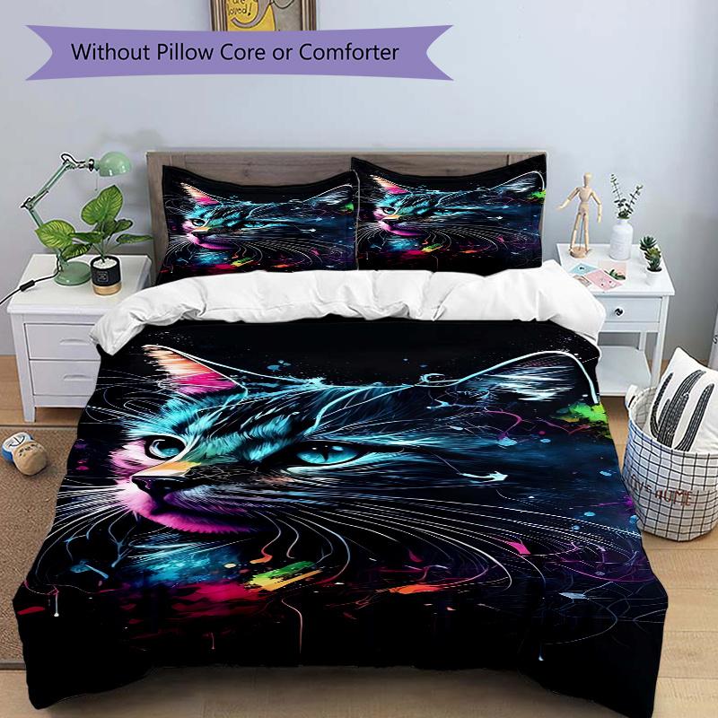3pcs Colorful Cat Printed Duvet Cover Set (1 * Cover+2 * Pillowcase, Without Core), Suitable for Home Bedroom, Guest Room, Dormitory Decoration I
