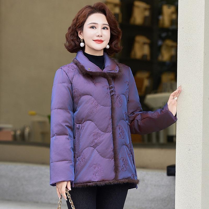 

High-End Winter Floral Stand Collar White Duck Down Jacket for Middle-Aged & Elderly Moms - Mid-Length, Warm 2025 New Style. 4XL (135-150 jin) фиолетовый