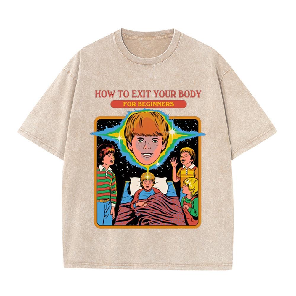 2026 Vintage Gewaschen Beige Wie Man Seinen Körper Verlässt Retro Psychedelisch Cartoon Grafik T-Shirt Surreal Kinder Print Übergroß Streetwear