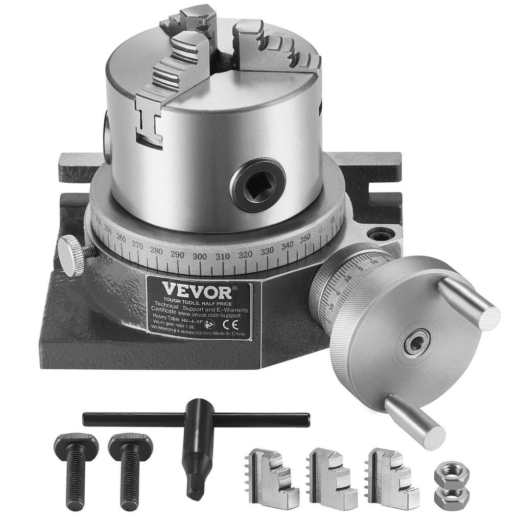 Rotary Table for Milling Machines, 100 mm, Horizontal Vertical Model Precision Milling Rotary Table, with 80 mm 3-Jaw Chuck M10 T-Bolts Nuts, for