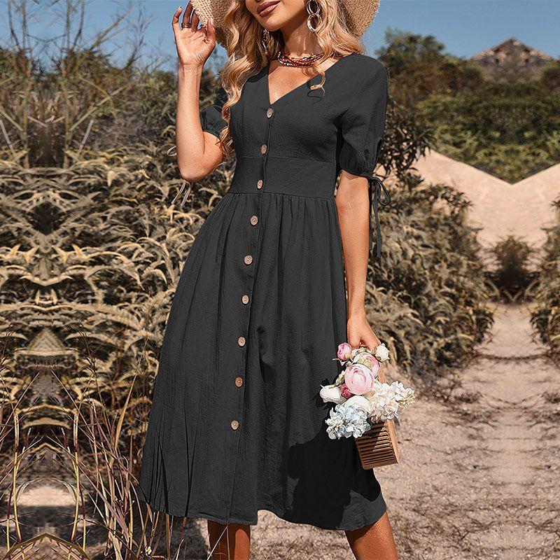 

V-neck Solid Color Cotton Liner A- Line Dress V Collar Women Cotton Linen Dress black S(S)