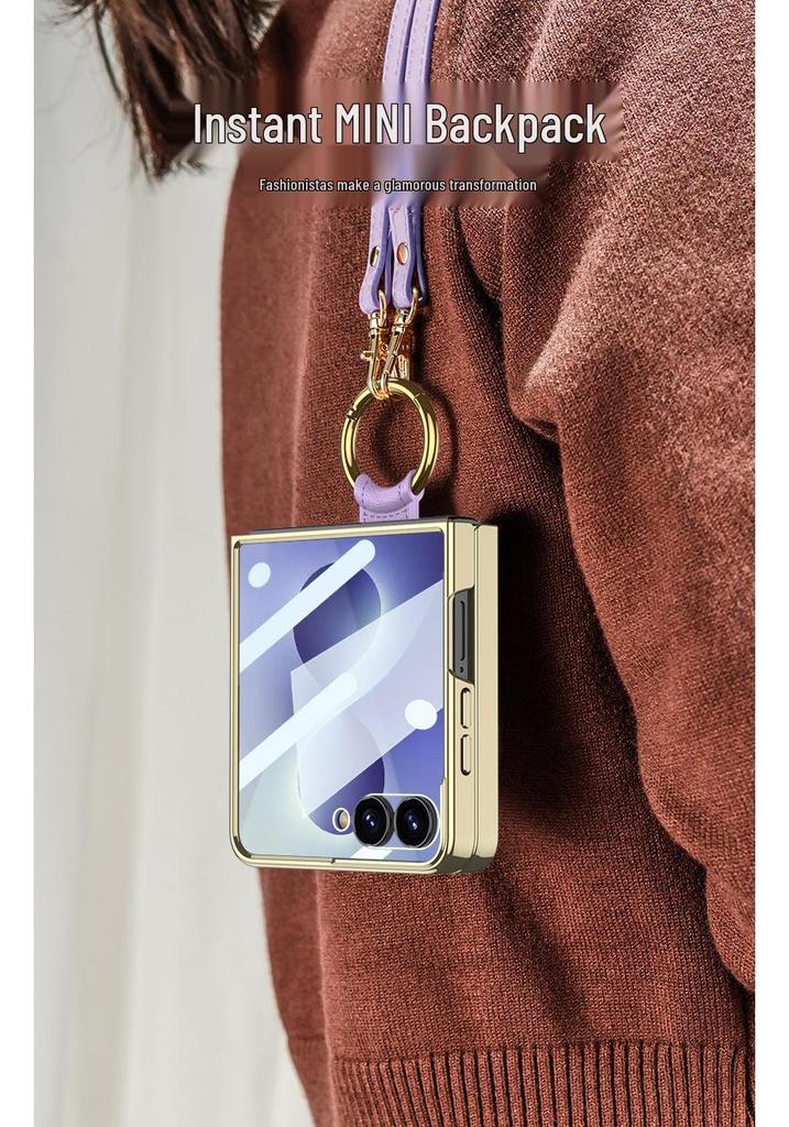Samsung Z Flip 8 Electroplated Retro Leather Case with Lanyard and Ring Holder