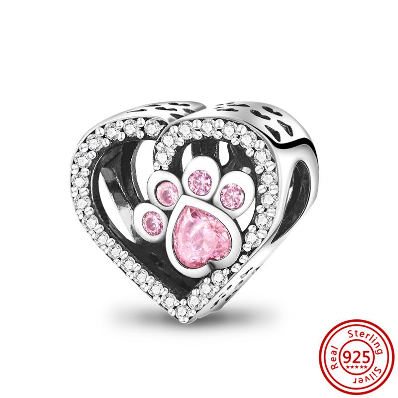 925 Sterling copper Cute Animals Dog Paw Print Pendant Love Heart Beads Fit Original Pantaro Charms Bracelet DIY Zircon Making