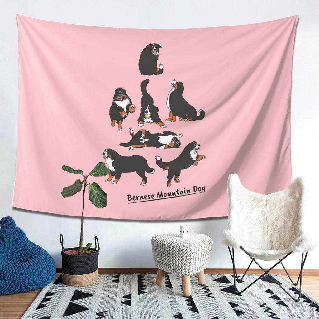 Playing Bernese Mountain Dog  Pink Background Tapestry Decoration Art Aesthetic Tapestries Home Wall Cloth Wall Hanging