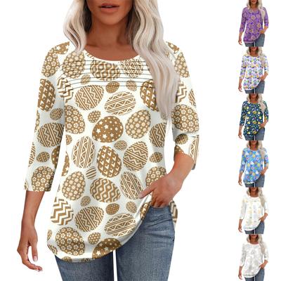 Women's Fashion Round Neck Pleated Front Placket Print 3/4 Sleeve Top