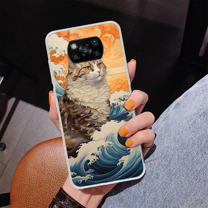 Anime Cat Sea Wave Aesthetic Phnoe Case for Xiaomi Poco X5 X6 X7 Pro X4 Gt F7 Ultra M8 M7 Redmi 15C 15 13C 13 12C 12 Unique Cove