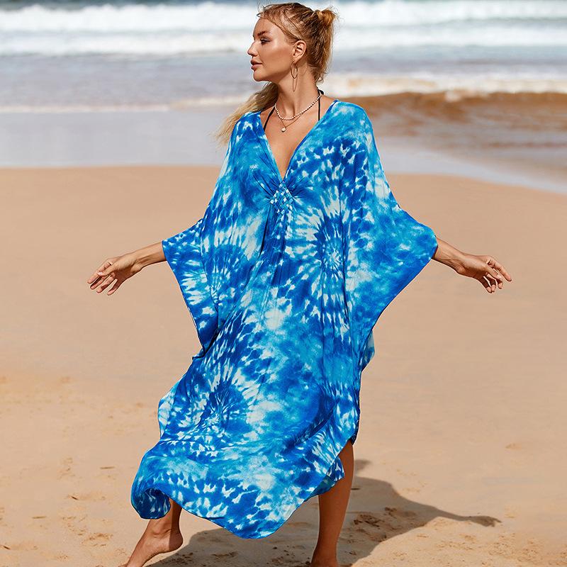 Boho přikrývka větší velikosti, dámský potisk plus malba netopýří rukáv rukáv do V výstřih s děleným lemem Maxi zakrývací šaty