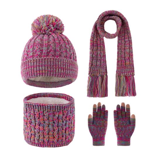 3Pcs/Set Kids Hat Scarf Gloves Set Rainbow Twist Texture Plush Ball Decor Knitting Hat